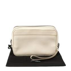 Dolce & Gabbana White Grained Leather Zip Travel Pouch Bag