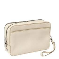 Dolce & Gabbana White Grained Leather Zip Travel Pouch Bag