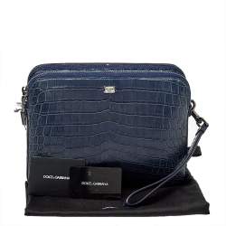 Dolce & Gabbana Blue Crocodile Double Zip Wristlet Clutch 