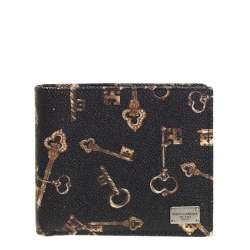 Pre Owned Dolce & Gabbana Black Key Print Leather Bifold Wallet