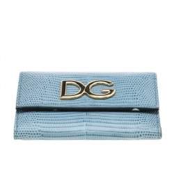 Pre Owned Dolce & Gabbana Blue Lizard Embossed Leather DG Trifold Wallet