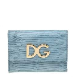 Pre Owned Dolce & Gabbana Blue Lizard Embossed Leather DG Trifold Wallet