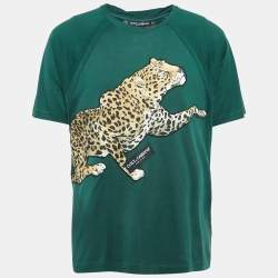 Pre Owned Dolce & Gabbana Green Leopard Applique Cotton Jersey T-Shirt L