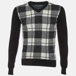 Pre Owned Dolce & Gabbana Black Checked Wool V-Neck Sweater M