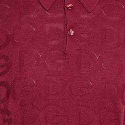 Pre Owned Dolce & Gabbana Burgundy Monogram Silk Jacquard Knit Polo T-Shirt XL