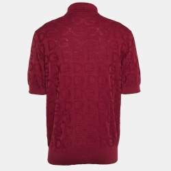 Pre Owned Dolce & Gabbana Burgundy Monogram Silk Jacquard Knit Polo T-Shirt XL