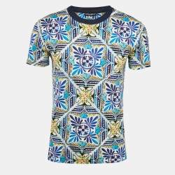 Pre Owned Dolce & Gabbana Blue Majolica Print Jersey Crewneck T-Shirt XS