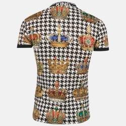 Pre Owned Dolce & Gabbana Black Houndstooth and Crown Print Jersey T-Shirt XS