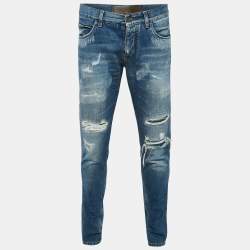 Pre Owned Dolce & Gabbana Navy Blue Angel Applique Denim Ripped Jeans M Waist 34"