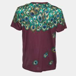 Pre Owned Dolce & Gabbana Burgundy Peacock Feather Print Cotton T-Shirt XXL