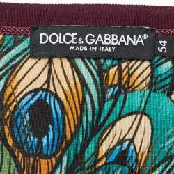 Pre Owned Dolce & Gabbana Burgundy Peacock Feather Print Cotton T-Shirt XXL