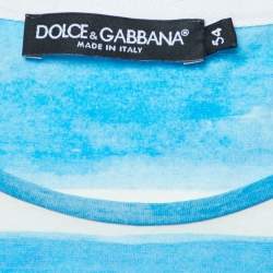 Pre Owned Dolce & Gabbana Blue/White Striped Graphic Print Cotton Crew Neck T-Shirt XXL