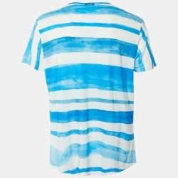 Pre Owned Dolce & Gabbana Blue/White Striped Graphic Print Cotton Crew Neck T-Shirt XXL