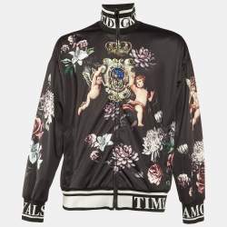 Pre Owned Dolce & Gabbana Black Floral Angels Print Satin Bomber Jacket M
