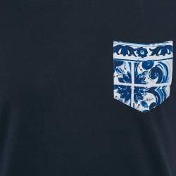 Pre Owned Dolce & Gabbana Navy Blue Cotton Contrast Print Detail T-Shirt M