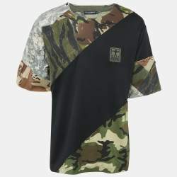 Pre Owned Dolce & Gabbana Black/Green Camouflage Denim and Jersey Patchwork T-Shirt M