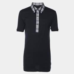 Pre Owned Dolce & Gabbana Navy Blue Cotton Plaid Trim Detail Polo T-Shirt XXL