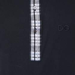 Pre Owned Dolce & Gabbana Navy Blue Cotton Plaid Trim Detail Polo T-Shirt XXL