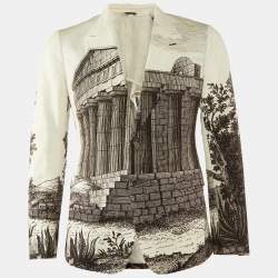 Dolce & Gabbana Cream Printed Cotton Button Front Blazer L