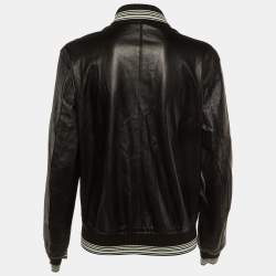 Pre Owned ستر بومبر بتفاصيل محبوكة مخططة من الجلد الأسود دولتشي أند غابانا مقاس كبير جداً