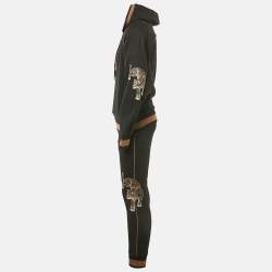 Dolce & Gabbana Black Leopard Embroidery Cotton Knit Hoodie and Pants Set S