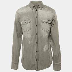 Dolce & Gabbana Grey Distressed Denim Gold Shirt XXL