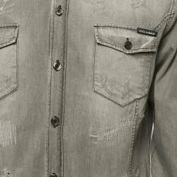Dolce & Gabbana Grey Distressed Denim Gold Shirt XXL