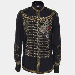 Dolce & Gabbana Navy Blue Printed Cotton Button Front Gold Shirt M
