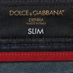 Dolce & Gabbana Dark Blue Denim Floral Detail Slim Fit Jeans L/Waist 35.5"