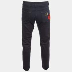 Dolce & Gabbana Dark Blue Denim Floral Detail Slim Fit Jeans L/Waist 35.5"