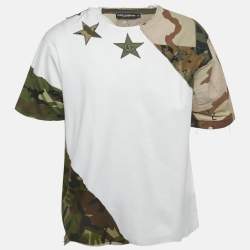 Dolce & Gabbana White Cotton Knit Camouflage Panelled T-Shirt M