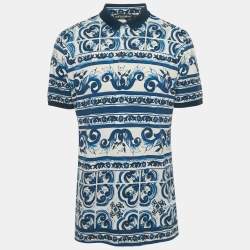 Pre Owned Dolce & Gabbana Blue Majolica Print Cotton Pique Polo T-Shirt XXL