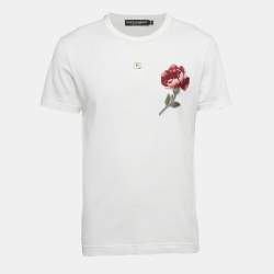 Pre Owned Dolce & Gabbana White Rose Embroidery Cotton Crew Neck T-Shirt M