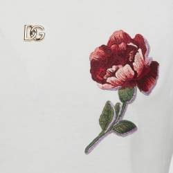 مملوكة مسبقًا Dolce & Gabbana White Rose Embroidery Cotton Crew Neck T-Shirt M