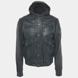 Pre Owned Dolce & Gabbana Navy Blue Applique Detail Leather Hooded Jacket L