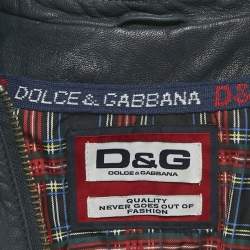 Pre Owned Dolce & Gabbana Navy Blue Applique Detail Leather Hooded Jacket L
