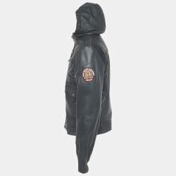 Pre Owned Dolce & Gabbana Navy Blue Applique Detail Leather Hooded Jacket L