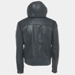 Pre Owned Dolce & Gabbana Navy Blue Applique Detail Leather Hooded Jacket L