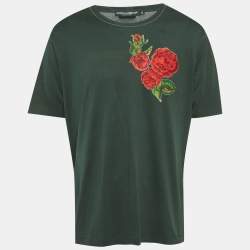 Pre Owned Dolce & Gabbana Green Floral Embroidered Jersey T-Shirt XL