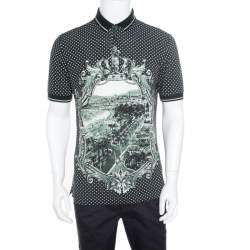 Pre Owned Dolce & Gabbana Green and White Printed Polka Dotted Knit Polo T-Shirt M