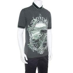 Pre Owned Dolce & Gabbana Green and White Printed Polka Dotted Knit Polo T-Shirt M