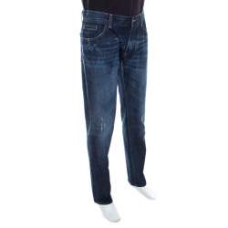 Pre Owned Dolce & Gabbana 14 Gold Indigo Faded Effect Denim Distressed Straight Fit Jeans XL