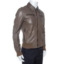 Pre Owned Dolce & Gabbana Brown Leather Zip Front Bomber Jacket M