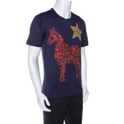 مملوكة مسبقًا Dolce & Gabbana Navy Blue Crystal Horse Print Cotton T-Shirt XS