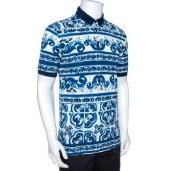 Pre Owned تي شيرت بولو دولتشي آند غابانا بطبعة ماجوليكا أزرق مقاس متوسط (ميديوم)