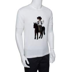 Pre Owned تي شيرت دولتشي أند غابانا مزين باتش كاوبوي قطن كريمي مقاس وسط (ميديوم)