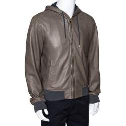 Pre Owned Dolce & Gabbana Pale Brown Leather Zip Front Hooded Jacket XL