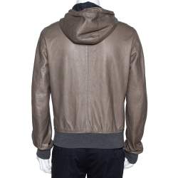 Pre Owned Dolce & Gabbana Pale Brown Leather Zip Front Hooded Jacket XL