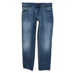 Pre Owned بنطلون جينز دولتشي أند غابانا مزين لوحة معدنية نمط ممزق دنيم مغسول أزرق فاتح مقاس وسط (ميديوم)