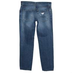 Pre Owned بنطلون جينز دولتشي أند غابانا مزين لوحة معدنية نمط ممزق دنيم مغسول أزرق فاتح مقاس وسط (ميديوم)